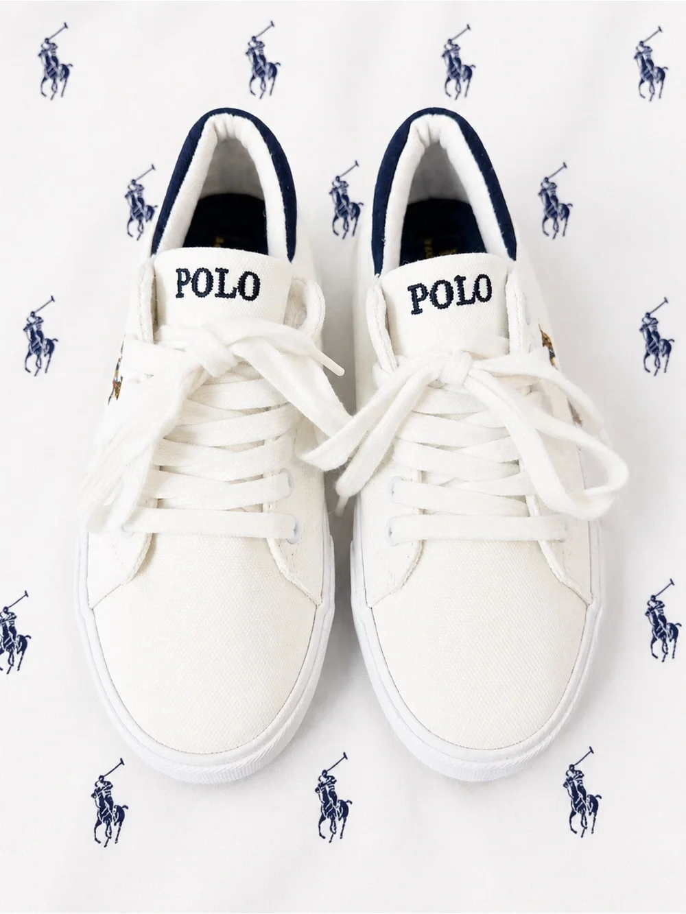 Ralph Lauren White Canvas Kids Sneakers with Navy Trim